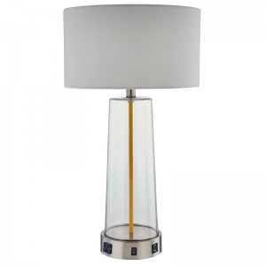 Home2 Hotel Glass Table Lamp met een op/off rocker -schakelaar, een handige uitlaat en een USB -oplaadhaven in hotelkamer